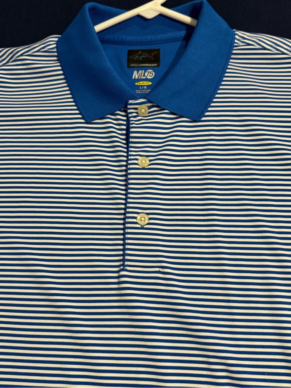 Greg Norman Collection Blue & White Striped Polo Men’s Large ML75 Play Dry